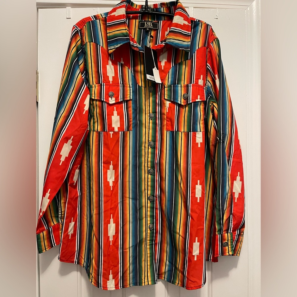 Lucky & Blessed multi colored button down top.